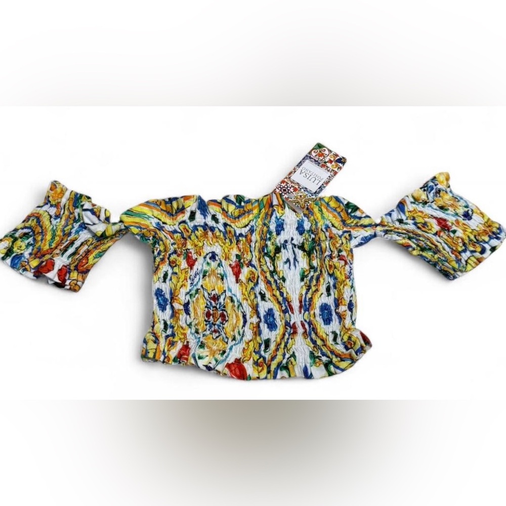 Luisa Positano Off-Shoulder Smocked Crop Top in Multicolor Ikat Print